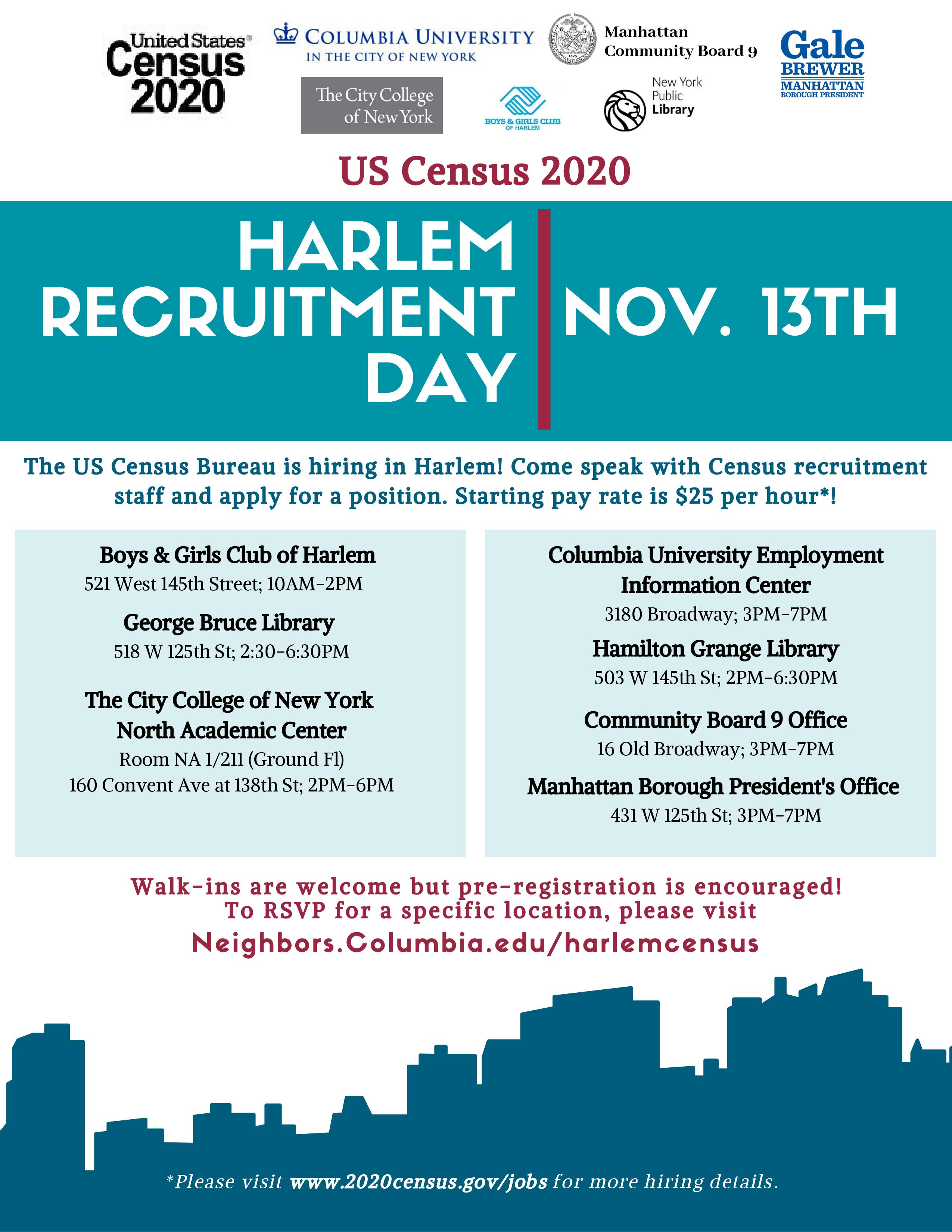 The US Census Bureau is hiring in Upper Manhattan! Come speak with Census recruitment officers and apply for Census taker and administrative positions. Starting pay rate is $25 per hour! RSVP https://neighbors.columbia.edu/events/census-2020-harlem-recruitment-day