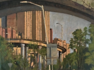 <strong><a href="http://www.gregorycoutinho.com/">J Gregory Countinho</a></strong>, <em>Over/Under</em>, 2019, Oil on linen 17" x 20" (181st Street Elevator)