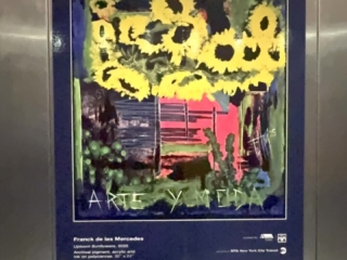 <strong><a href="https://www.fdlmstudio.com/">Franck de las Mercedes</a></strong>, <em>Uptown Sunflowers</em>, 2025, Archival pigment, acrylic and ink on polycanvas, 30" x 24" (190th Street Elevator)