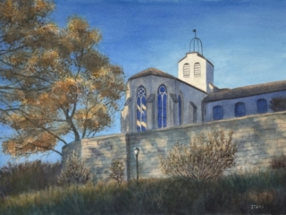 <strong><a href="https://www.joycetsaiart.com/">Joyce Tsai</a> </strong>, <em>The Cloisters Museum in Autumn Afternoon Light</em>, 2024, Watercolor on paper, 22"x 30" (190th Street Elevator)