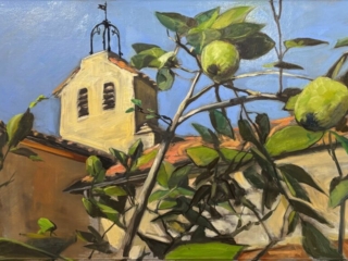 <strong><a href="https://www.instagram.com/jesoundkeepers/">Je Wee</a></strong>, <em>The Quince in Bonnefont Cloister Garden</em>, 2026, Oil on linen, 14" x 25" (190th Street elevator)