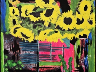 <strong><a href="https://www.fdlmstudio.com/">Franck de las Mercedes</a></strong>, <em>Uptown Sunflowers</em>, 2025, Archival pigment, acrylic and ink on polycanvas, 30" x 24" (190st Street Elevator)