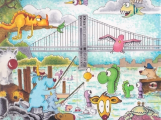 <strong><a href="https://www.etsy.com/shop/daydaykaydesigns">David Kaminsky</a> </strong>, <em>Inwood Critturz on the Hudson</em>, 2025, Ink and Copic marker on paper, 6" x 10" (190th Street Elevator)